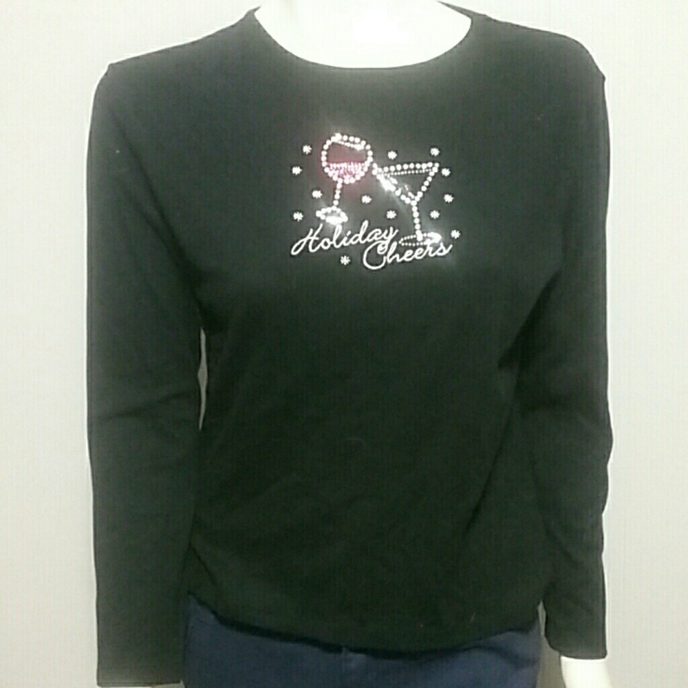 Holiday Cheers Wine Martini rhinestone sz Lg blk T